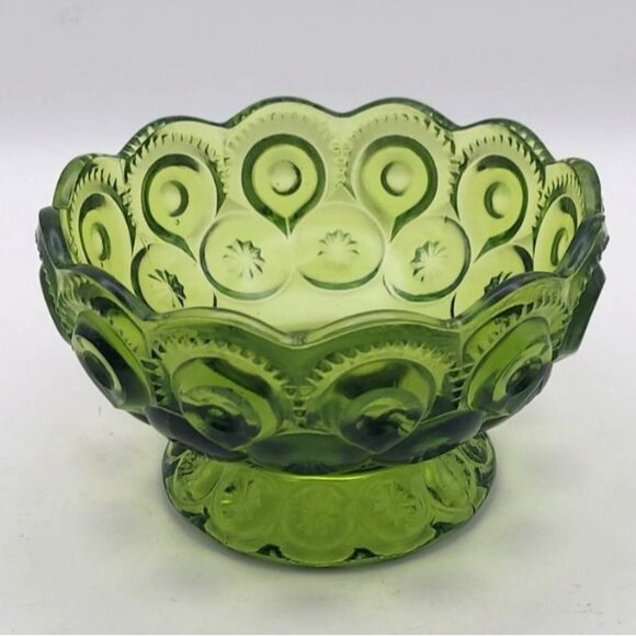 L E Smith Other - Vintage L E Smith Avocado Green Moon & Stars Small Glass Footed Candy Bowl